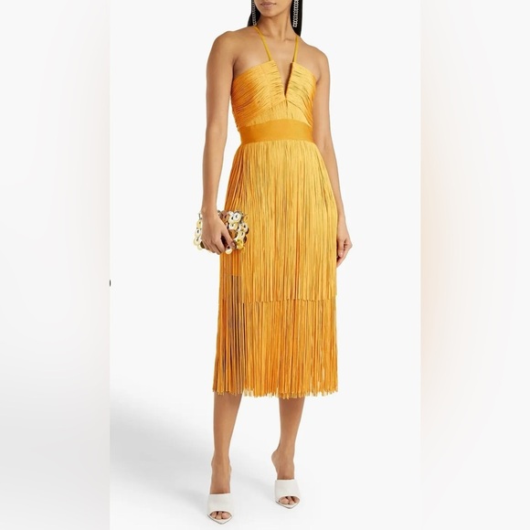 NWOT Herve Leger  Plunging Strappy Fringe Bandage Midi Dress In Marigold Size M - Picture 2 of 9